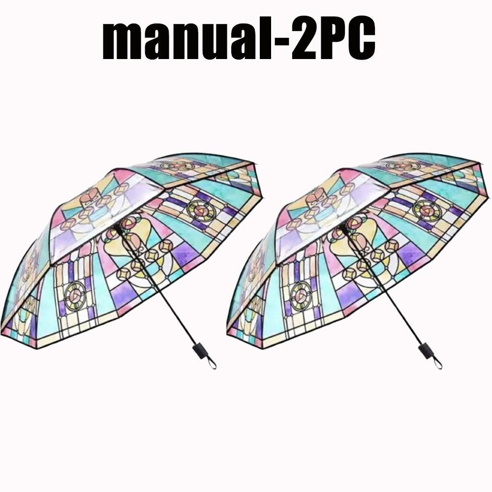 Romantic Vintage Stained Glass Automatic Rainbow Clear Umbrella for Women Rainy Day Fashion Accessory