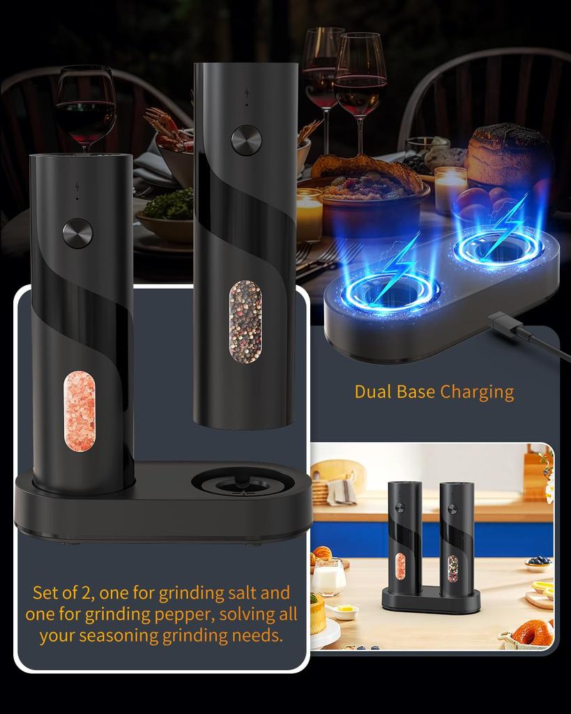 CIRCLE JOY Electric Pepper USB Salt and Pepper Adjustable 110ml Charging White LED Set of Black Mill, Rechargeable, Grinder, Coarseness, Container,