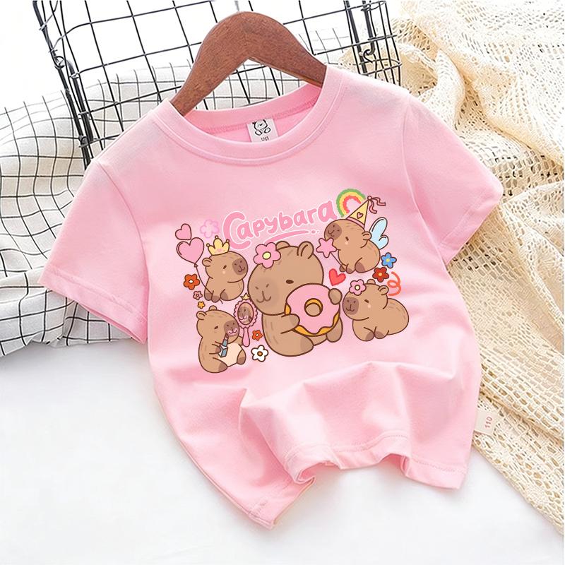 Kids Girl Cute Polyester T-shirt Summer Clothing Cartoon Capybara Printed Tee Children Short Sleeve Tops T Shirt Clothes Gift 2026