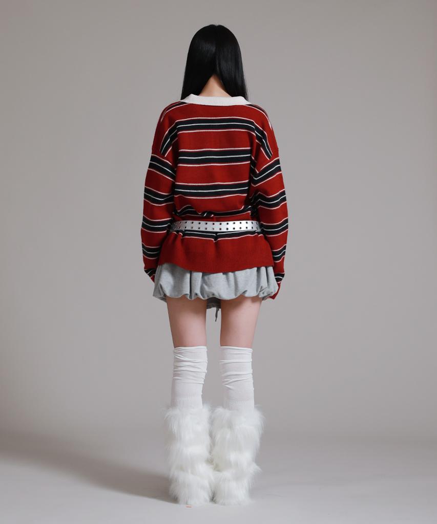 LIKE THE MOST Oversized Multi-Stripe Rugby Collar Knit_Wine