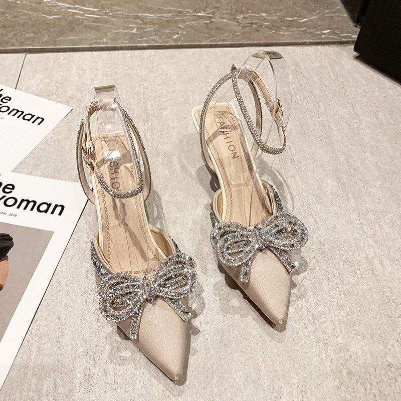 

Женские сандалии с кристаллами, классические летние туфли на высоком каблуке с бантом в стиле феи, свадебные туфли подружки невесты на тонком каблуке с бриллиантами 34 бежевый