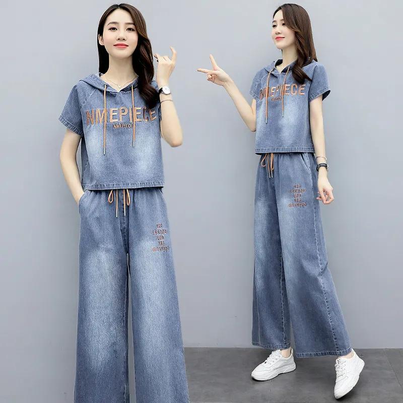 Summer Denim Wide Legged Pants Set Women's Hooded Letter Cowboy Top+Trousers Female Fashion Casual Two Piece Sets