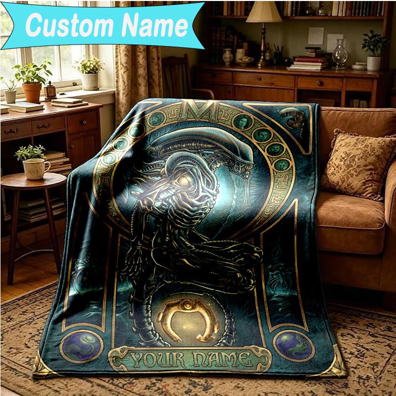 1PC Custom Name Blanket Alien Ornate Frame Flannel Blankets Patterns Throw Blanket All-Season Soft Gift for Couch, Bed, Camping, Birthday Gifts