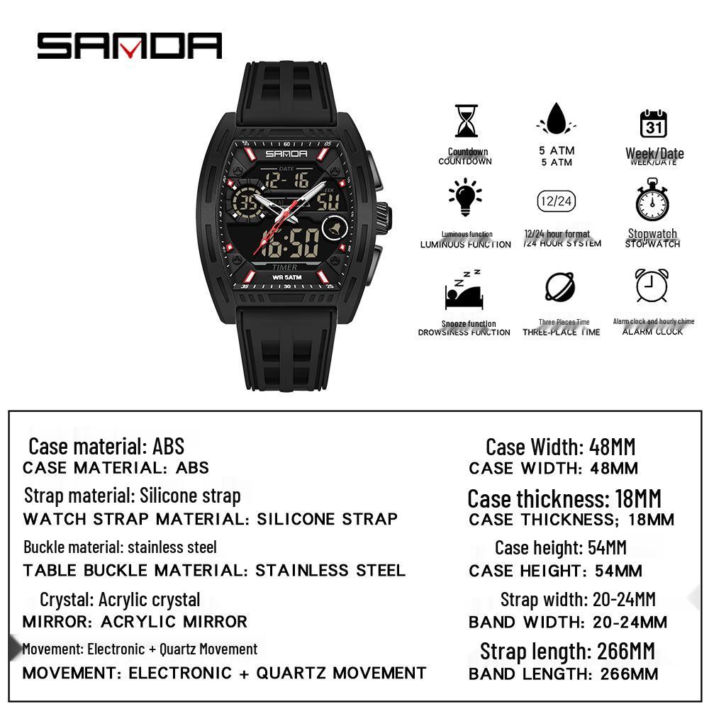 Montre Sanda Double Affichage Lumineuse Étanche pour Étudiant d'Extérieur avec Chronomètre, Alarme et Compte à Rebours