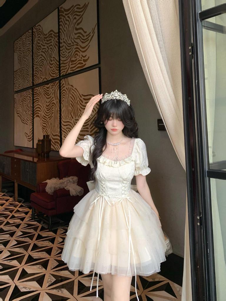 Blovelan Princess Dress - Half Cup Love Words, Big Bow, Sparkle Jacquard, Fluffy Train, Birthday Outfit