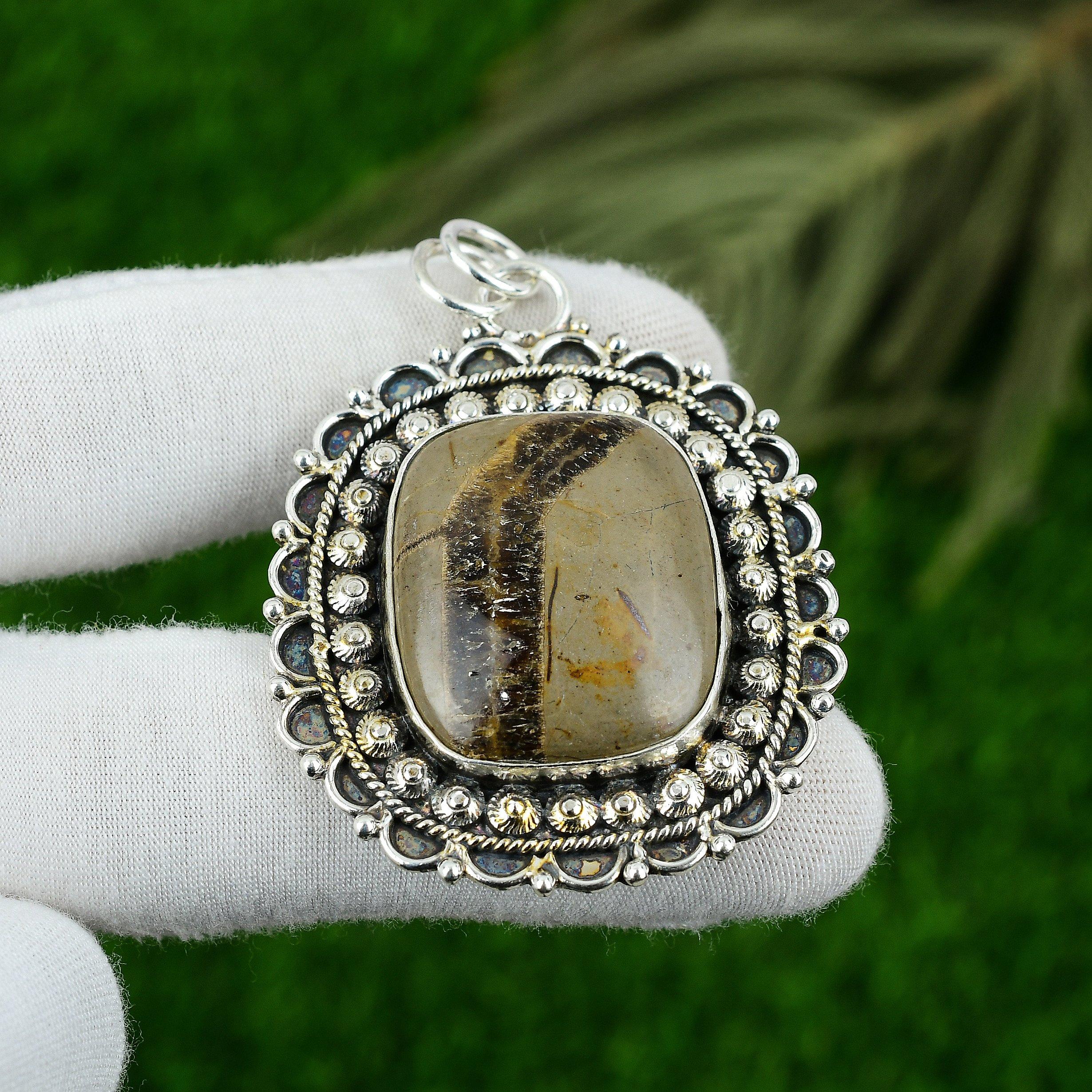 

Radiant Septerian Stone Birthday Mother Bezel Boho Engagement Pendant 925 Silver