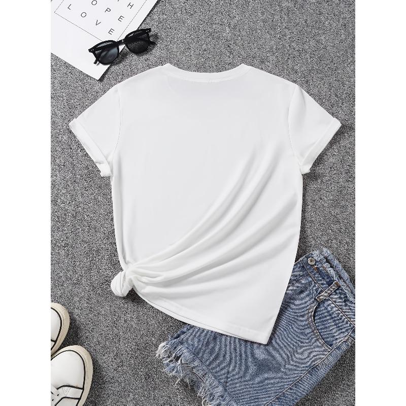 European Sizes Simple Hearts Graphic Print T-shirt, Short Sleeve Crew Neck Casual Top for Summer & Spring, Women's Clothing
