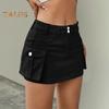 Women Mini Denim Skirt Low Waist Cargo Skirt with Pocket Solid Color Button Zipper Fly Short Skirt Streetwear