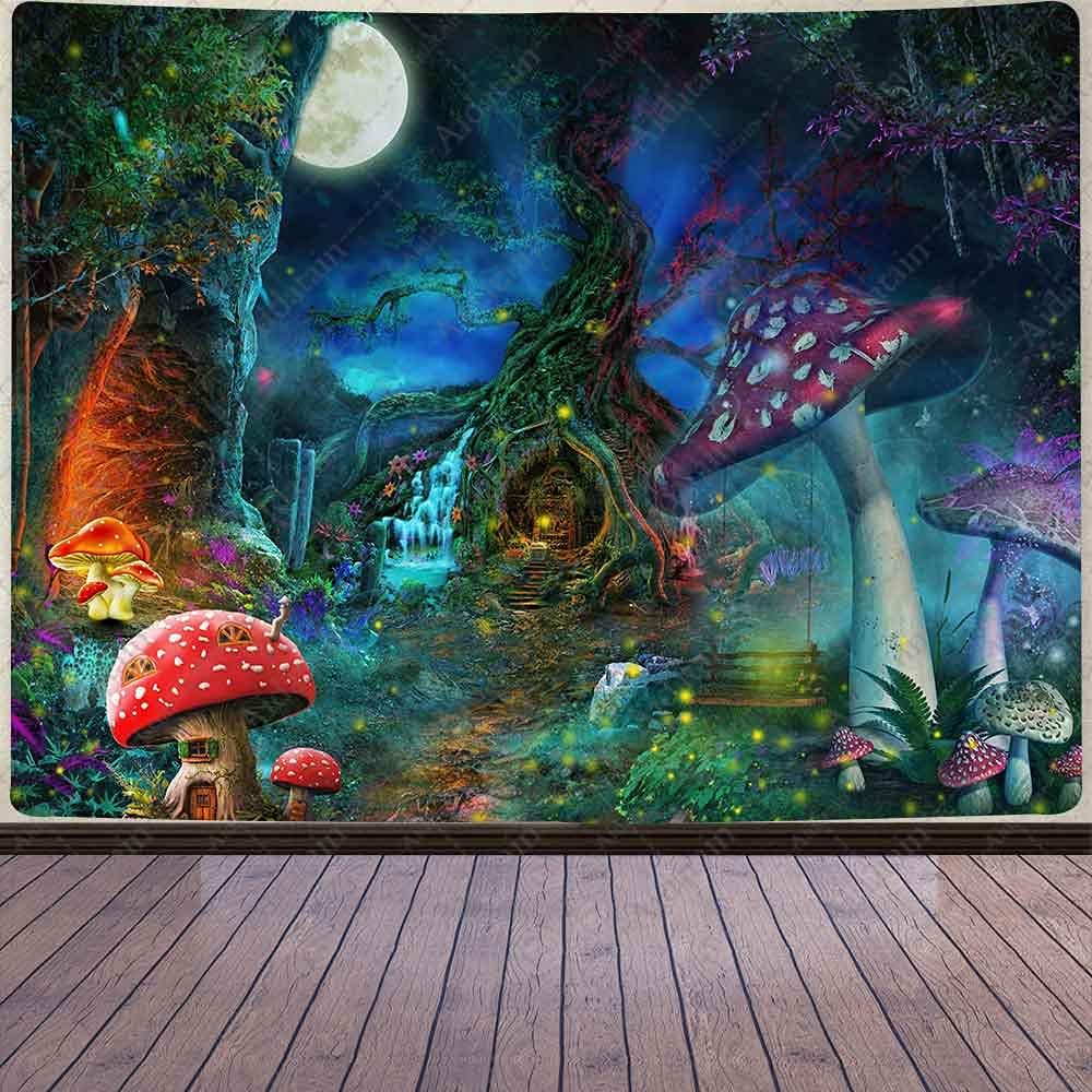 Fantasy Mushroom Forest Tapestry for Teen Girl Magical Tree of Life House Full Moon Wall Hanging Fairy Tale World Tapestries