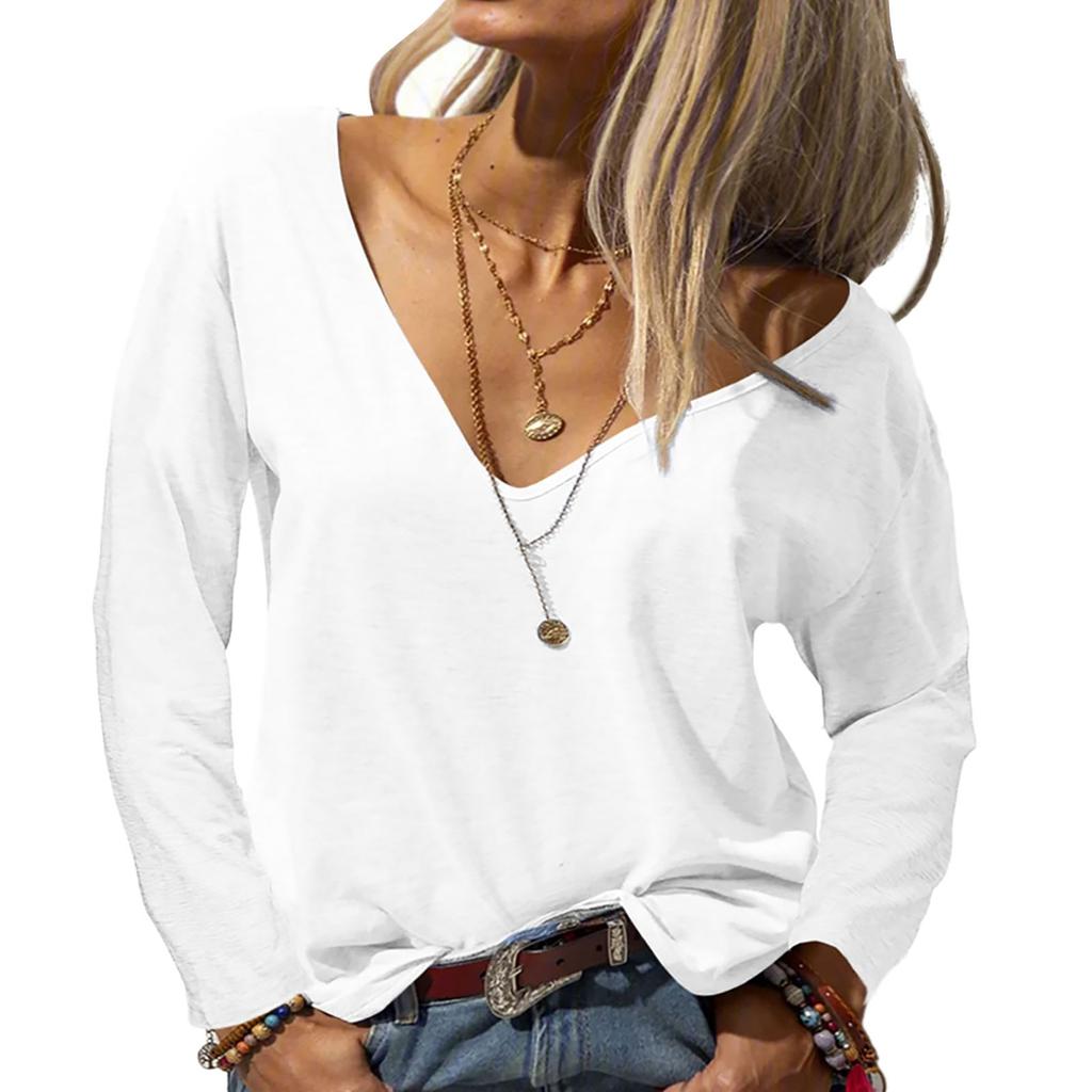 Women Loose Fit V Neck Long Sleeve Solid Color T Shirt Casual Lightweight Pullover Top for Everyday Wear