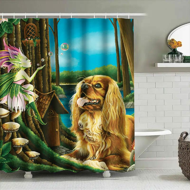 Magical Fairy Garden Decor Shower Curtain Fantasy Landscape With Dog Print Wall Hanging For Bathroom