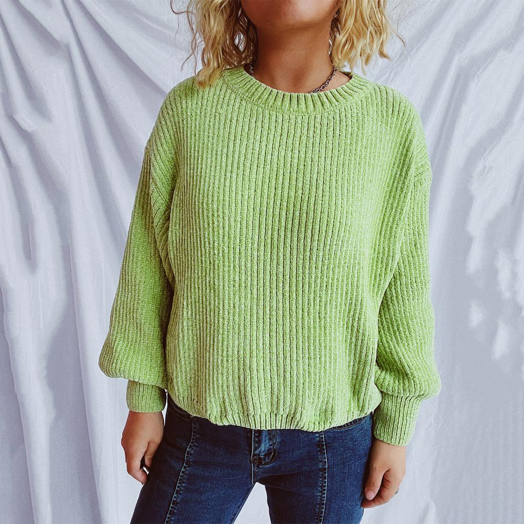 Women's Fashion Casual Round Neck Pullover Solid Color Long-sleeve Sweater Top