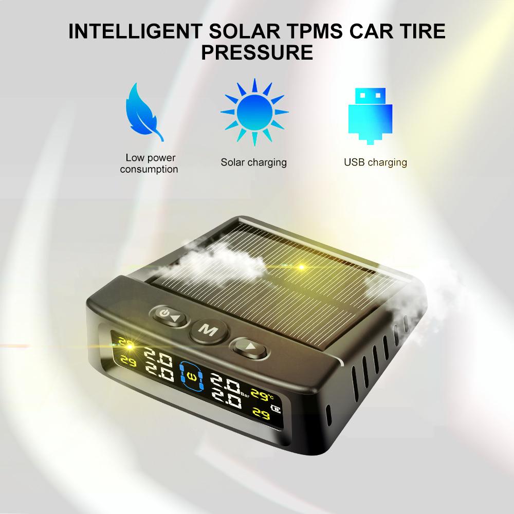 Dispositivo de alarma de presión de neumáticos para automóvil con sistema TPMS solar, pantalla digital colorida y 4 sensores externos, advertencia de temperatura y presión de neumáticos