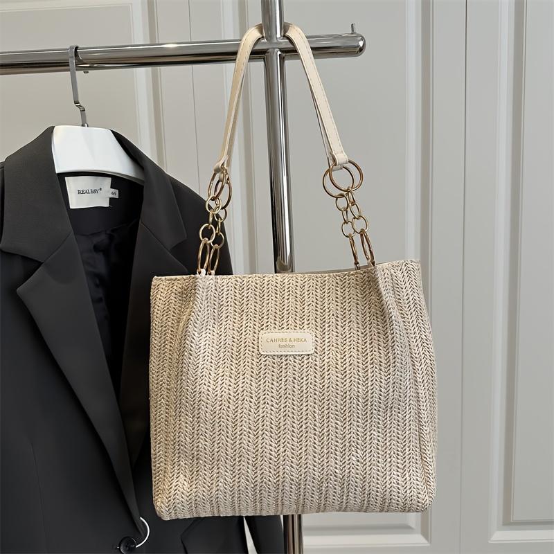 Ladies Tote Bag, Spacious Vacation Straw Woven Shoulder Bag, with Fixed Double Shoulder Straps And Chain Handle, for Shopping, Work, Travel