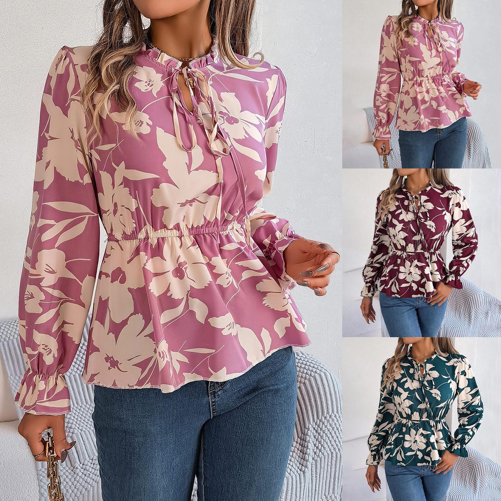 

Женская мода повседневный цветочный узор длинный рукав пуловер V-образный вырез топ