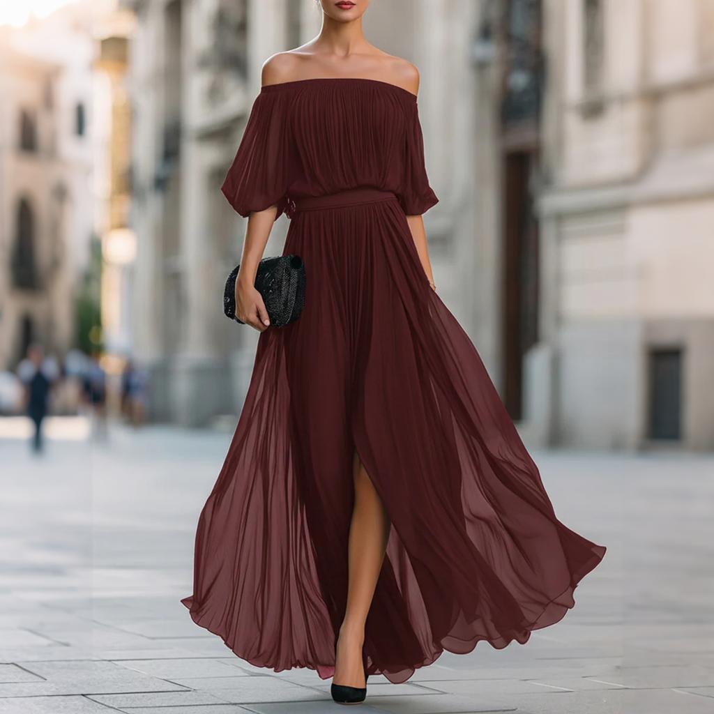 Off Shoulder Pleated Chiffon Maxi Dress for Women Elastic Waist Half Sleeve Long Evening Gown with Slit