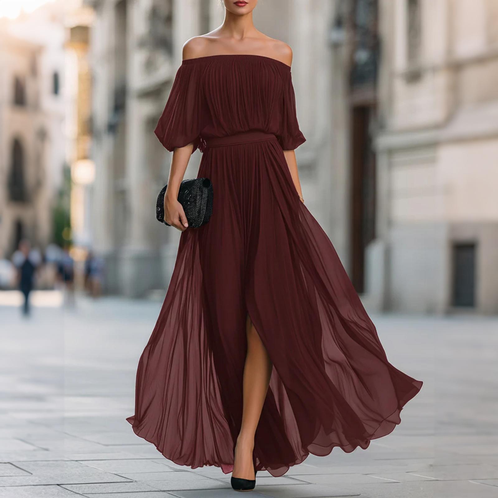 

Off Shoulder Pleated Chiffon Maxi Dress for Women Elastic Waist Half Sleeve Long Evening Gown with Slit XXL винний