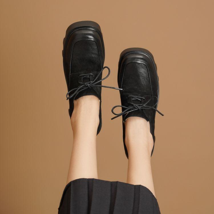 Retro platform single shoes women's leather 2025 new lace-up thick heel muffin shoes spring British style square head high heels
