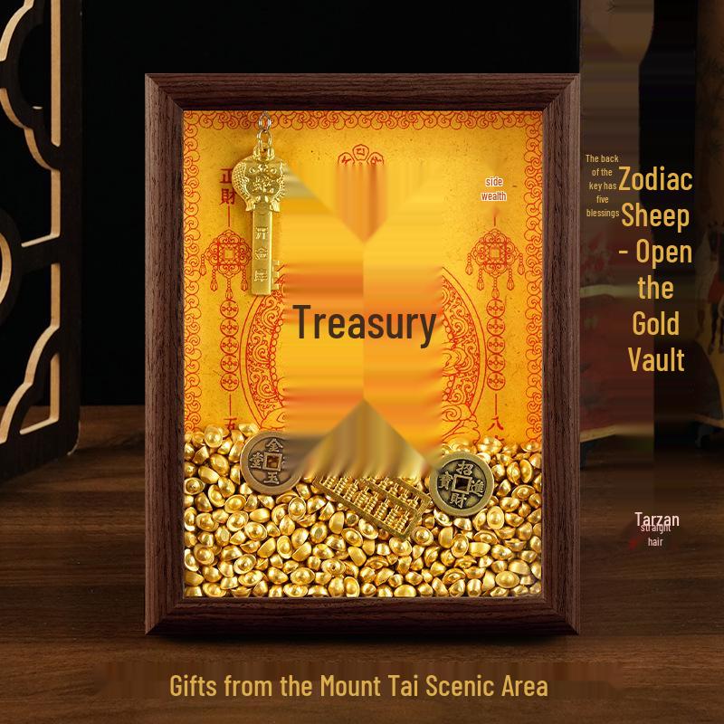 2025 Auspicious Open Wealth Photo Frame with Golden Key, Solid Wood Entrance Foyer, Zodiac Animals, Five Roads to Attract Wealth.