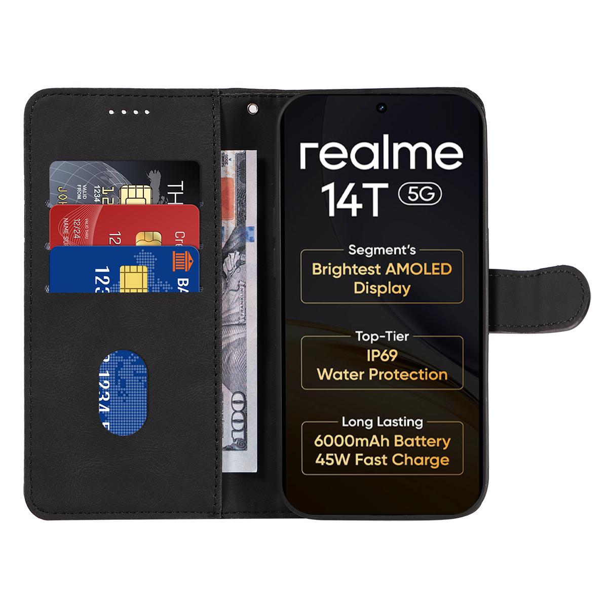 

For Realme 14T 5G/Realme 14 5G Wallet Case Leather Phone Cover Stand with Curved Line Design Red