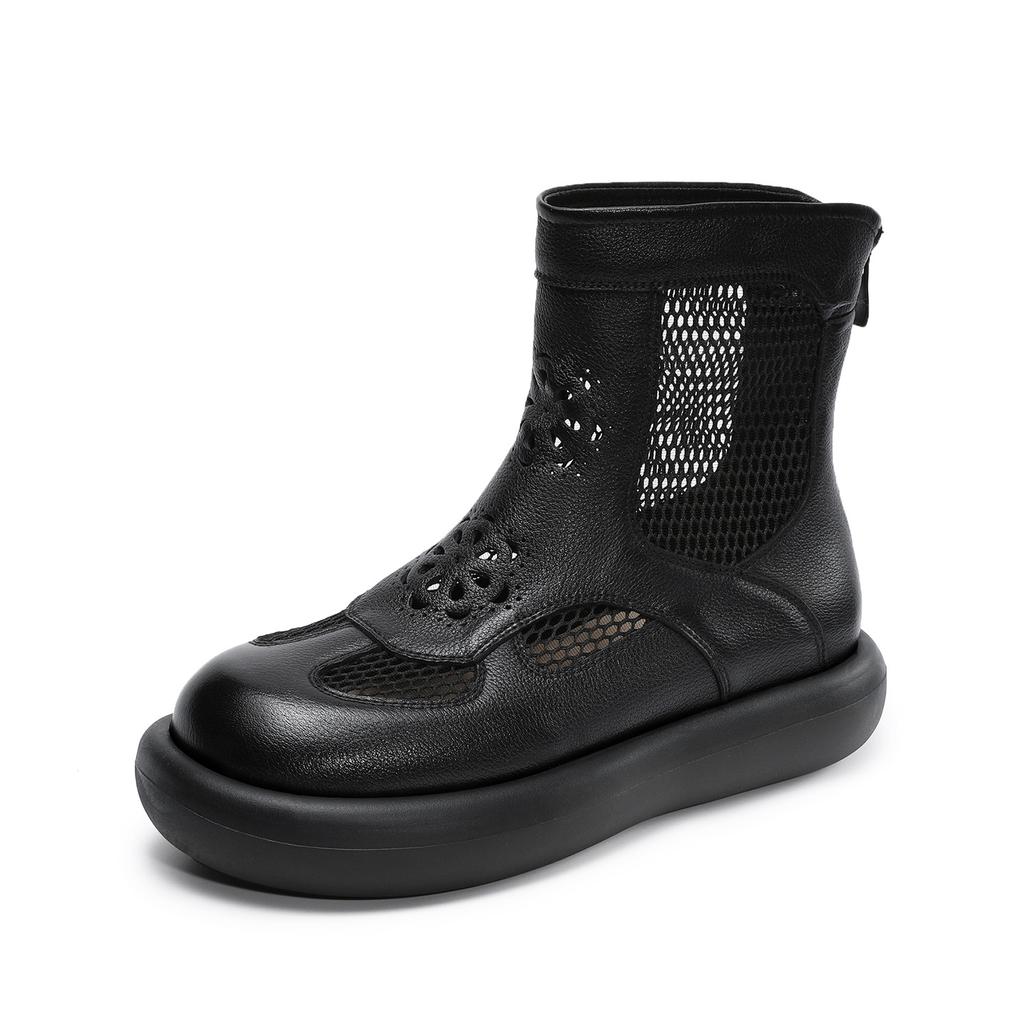 Johnature Genuine Leather Thick Soled Roman Women's Summer Boots Hollow-out Breathable Casual Mesh Short Boots