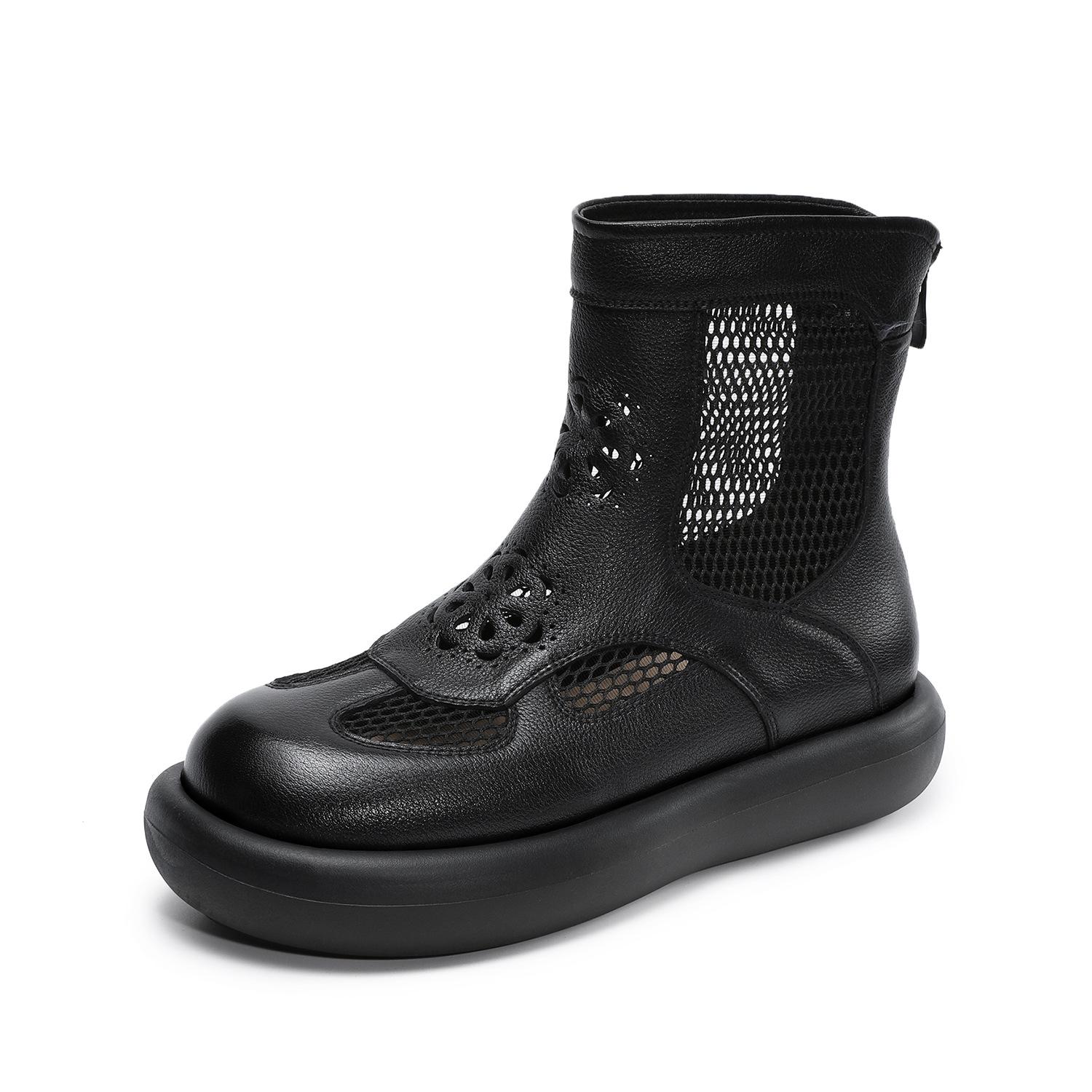 

Johnature Genuine Leather Thick Soled Roman Women s Summer Boots Hollow-out Breathable Casual Mesh Short Boots 35 чёрный