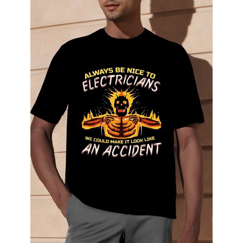 European sizes Men'S Fun Electrician Graphic T-Shirt |, Casual Crew Neck with "Always Be Nice to Electricians" Print, Short Sleeve, Lightweight