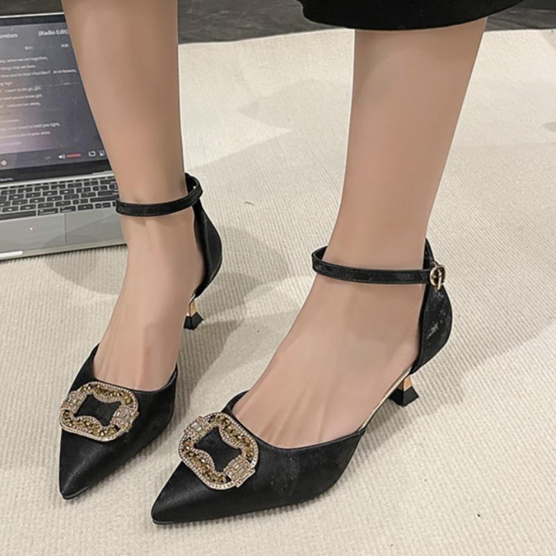 

Fashion Fashion Stiletto Sandals Spring New Pointed Head Shallow Mouth Crystal Buckle Set Foot Anti-slip Wear-resistant High Heels 34 чёрный