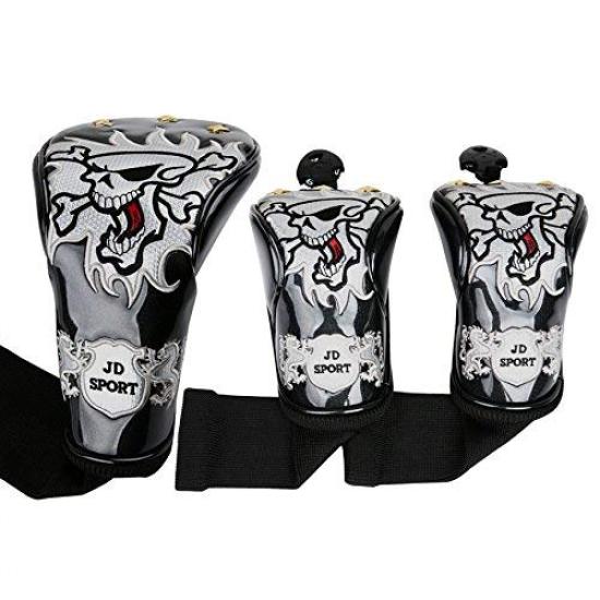 SelectPlaza Premium PU Leather Fairway Wood Headcover Set with Skull and Includes Conversion Tag Driver/Wood (3-Piece Set) Design, Embroidered,