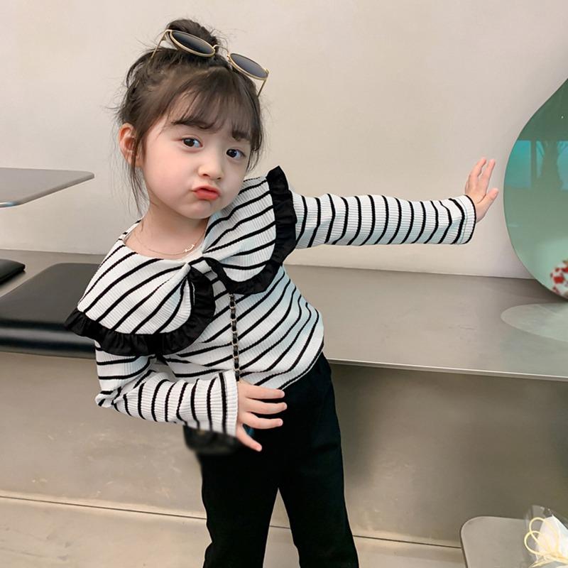 

Нижняя рубашка с милым кукольным воротником для девочек, топ с длинными рукавами в черно-белую полоску, милая футболка с рюшами 13