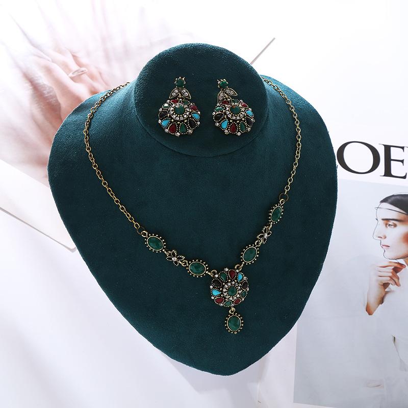 Vintage Bohemian Colorful Crystal Necklace And Earring Set For Women Exaggerated Luxury Temperament Jewelry