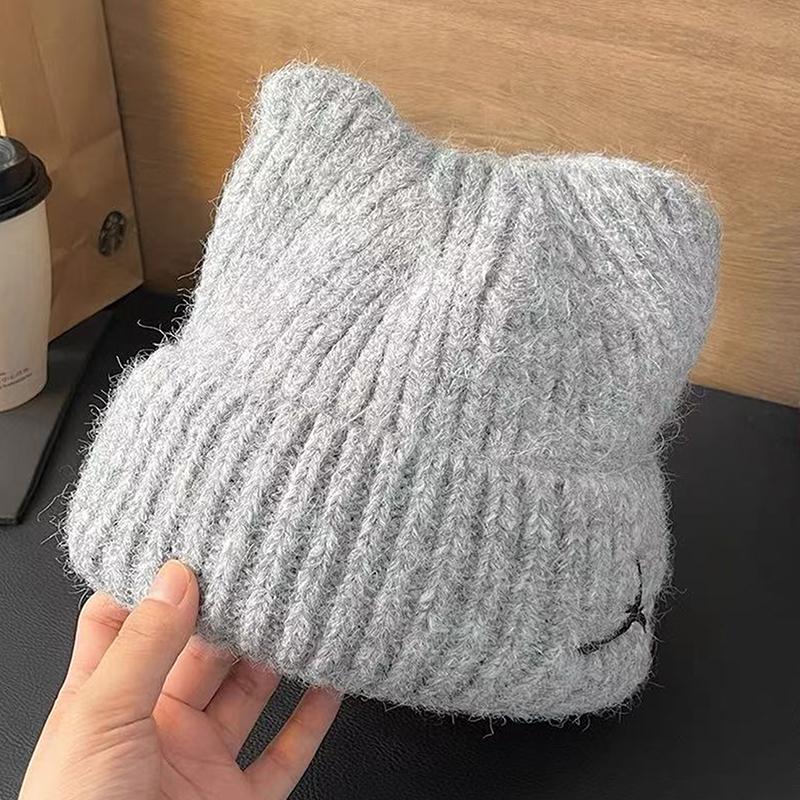 Kawaii Cat Ear Knit Beanie Women s Cold Weather Bow Winter Hat Fashion Knitted Cap серый