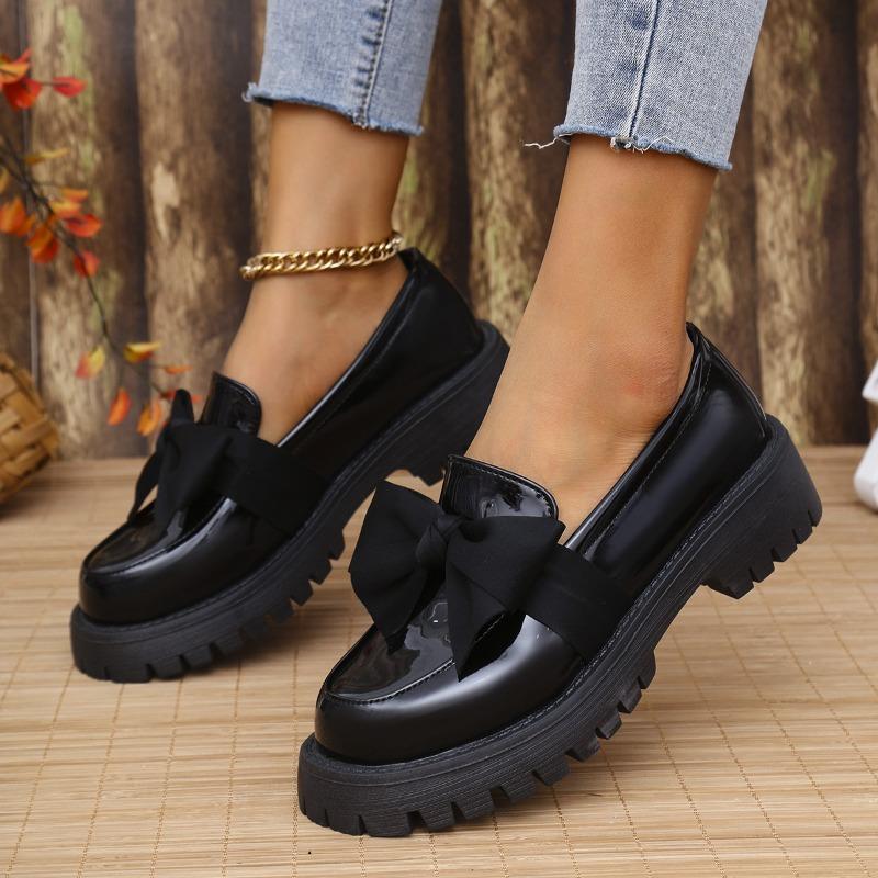 2026 Retro British Women's Platform Leather Shoes Fashion Bowknot Lazy Flat Shoe Design Round Toe Casual Comfortable Loafers