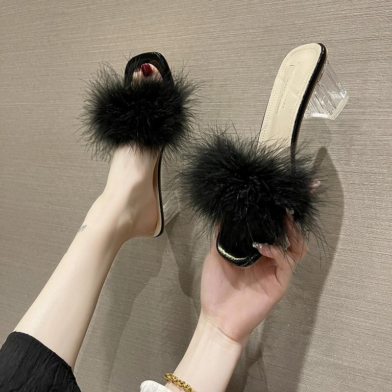 Fashion fluffy slippers women's spring and summer 2025 new open-toed square head thin heel Internet celebrity outer wear high heel half drag women