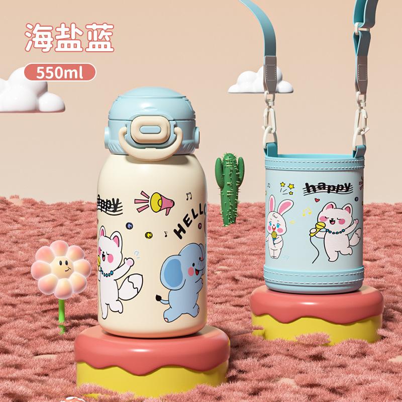 Stainless steel one cover double drink children's thermos cup student cartoon thermal insulation straw water cup high value girls water cup