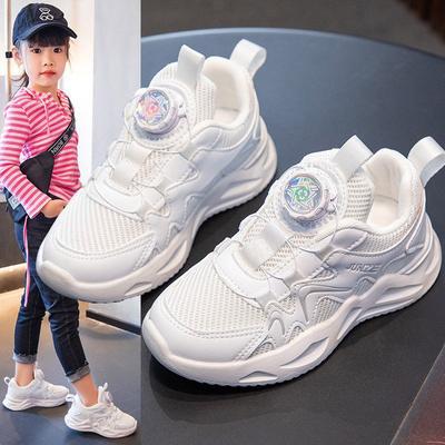 Sapatos brancos respiráveis para crianças com grandes botões giratórios e solas macias para tênis de corrida para meninas e meninos