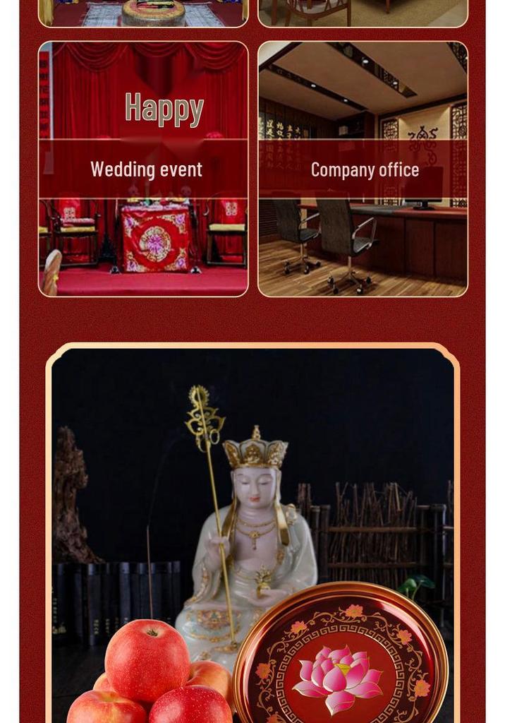 Fruit Offering Plate for Buddha, Deity Altar Plate with Alloy Lotus Flower, God of Wealth, Guanyin Bodhisattva.
