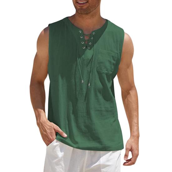 Men's Sleeveless T-shirt Lace Up V-Neck Loose Fit Blouse with Chest Pocket Solid Color Casual Summer Top for Daily Wear Gym Travel