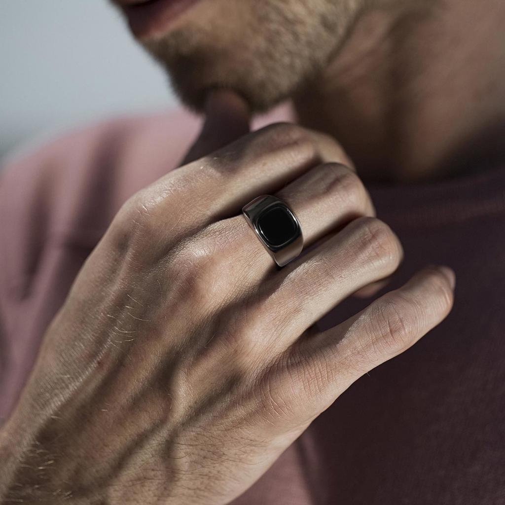 Stylish Black Stone Rings for Men Boys,Waterproof Stainless Steel Geometric Square Ring Signet Ring,Jewelry Gifts for Him