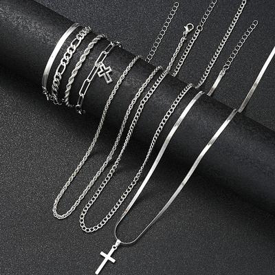 Conjunto de 7 peças de colar e pulseira de aço inoxidável estilo rua da moda - acessório de moda, adequado para uso diário e de festa