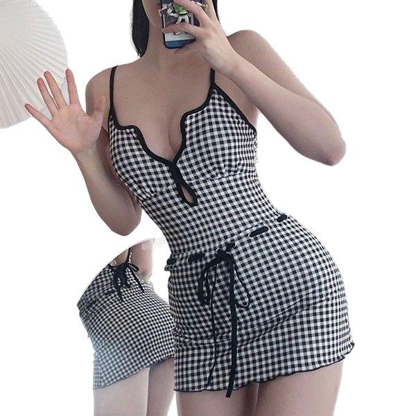 French Blue Gingham Retro Slimming Tie-Up One-Piece Swimsuit