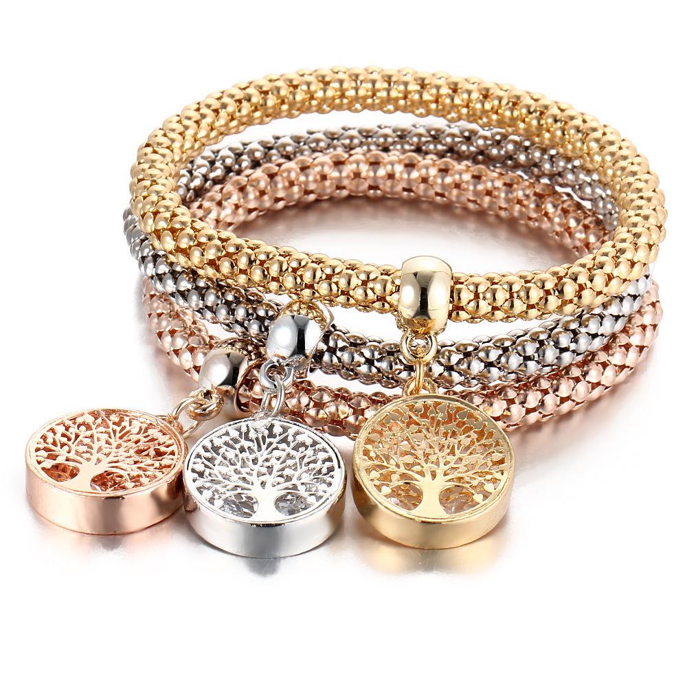 3Colors/Lot Tree Of Life Elastic Bracelet Set For Women Crystal Owl Key Lock Music Note Butterfly Heart Charm Bangle Jewelry