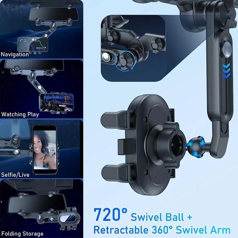 Universal Car Rearview Mirror Phone Holder - Foldable GPS Stand, Mobile Support