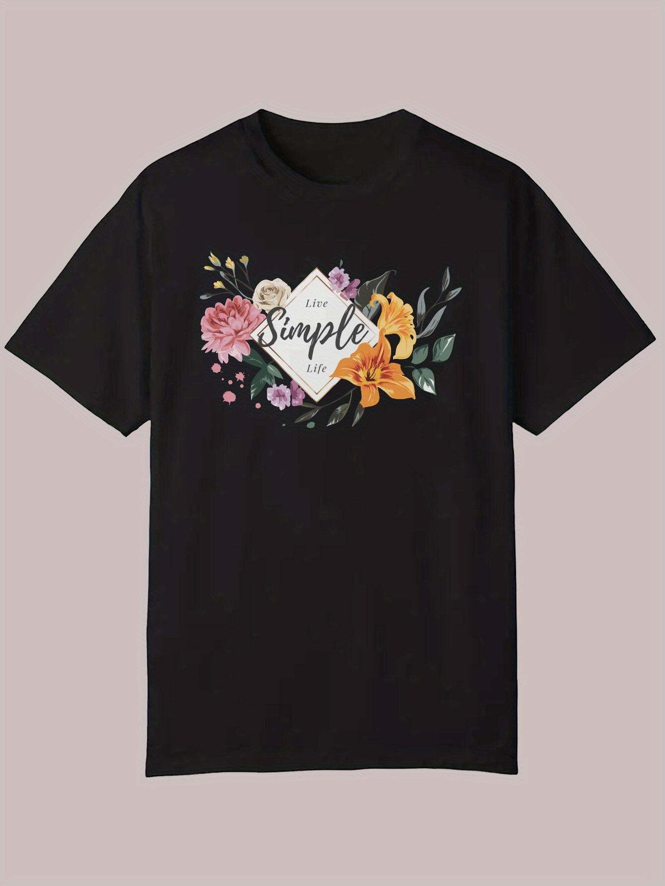 Casual Summer T-shirt with Floral Design - The Simple Life Text XL