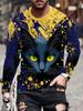 Cool Cat Guitar Player Print Long Sleeve T-Shirt, Casual Fashion Wear