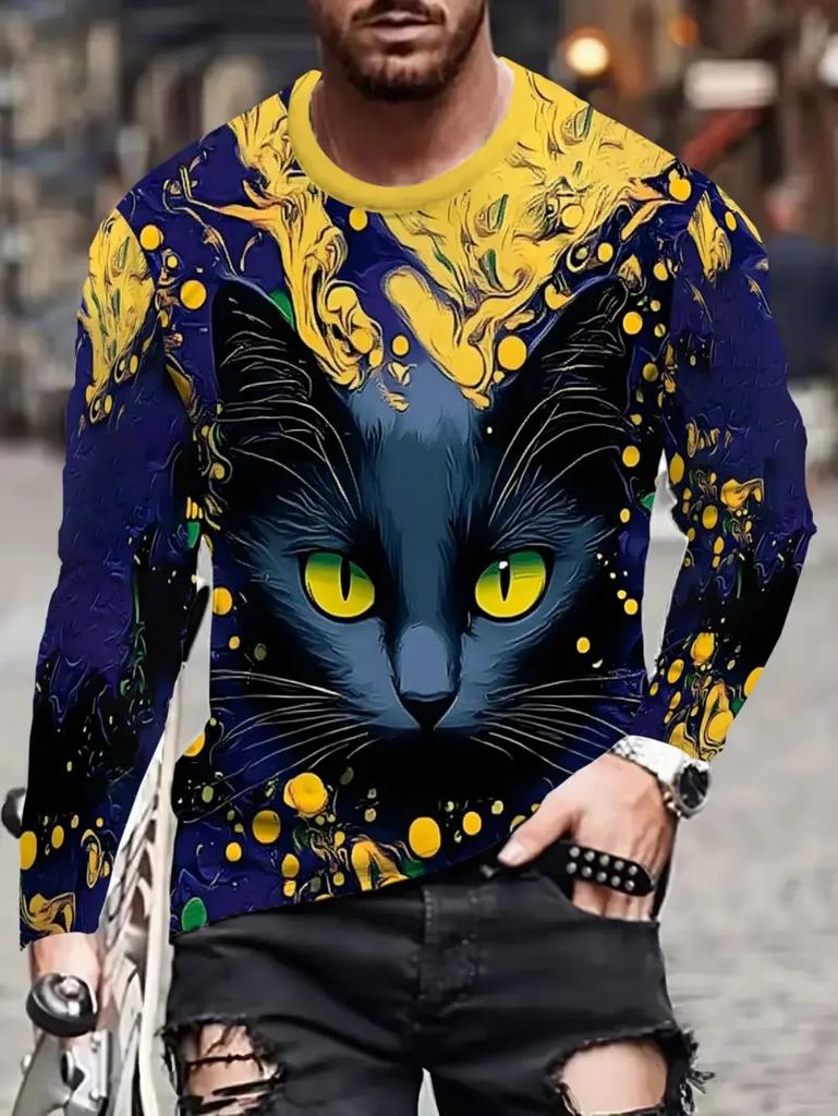 Cool Cat Guitar Player Print Long Sleeve T-Shirt, Casual Fashion Wear