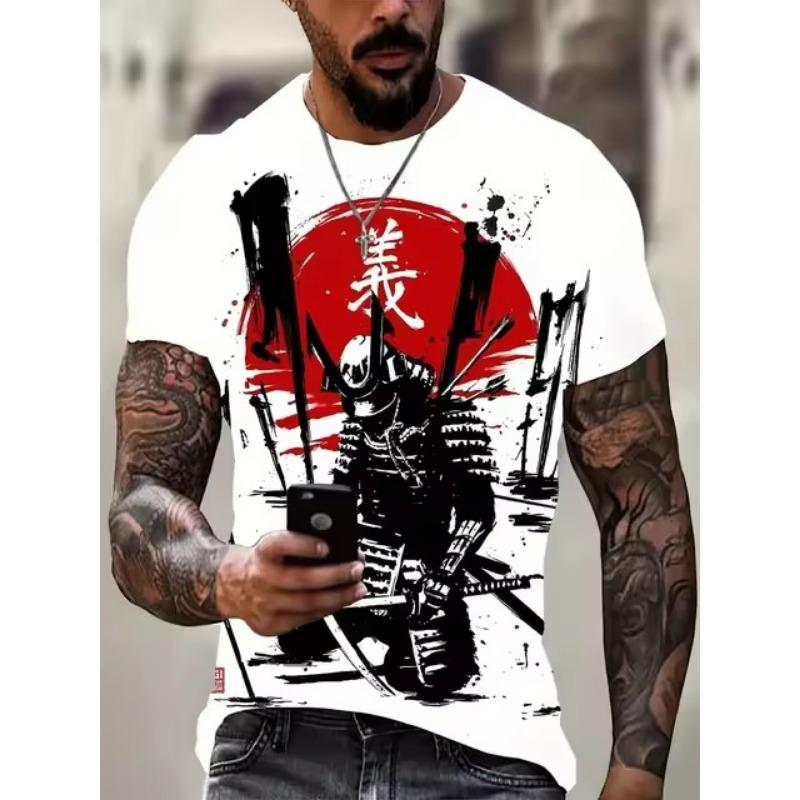 Übergröße Herrenmode Samurai Grafik T-Shirt, 3D Druck Trendy Stylisches Oberteil, Reifer & Eleganter Stil