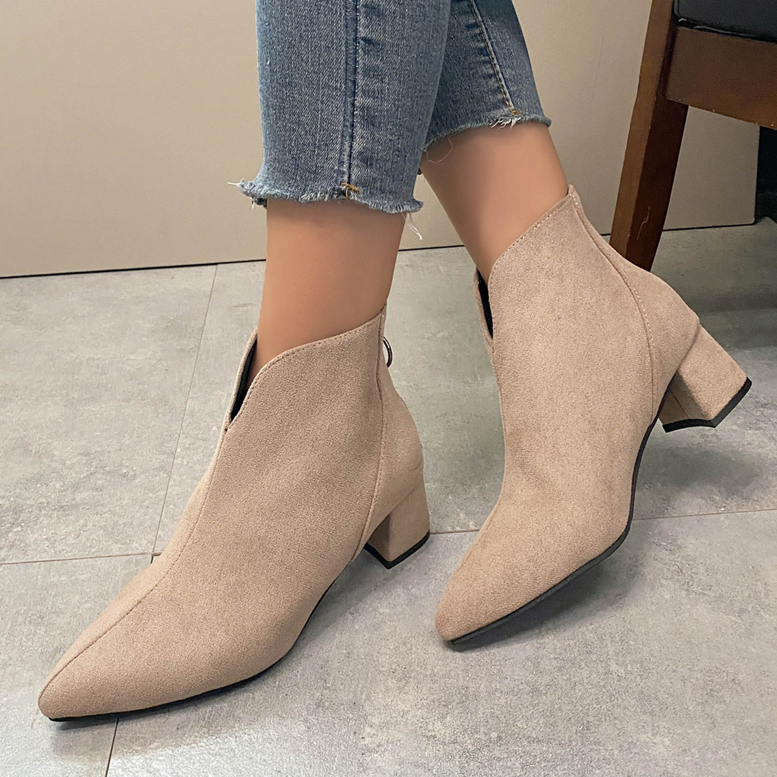

Business Boots Womens Short Bootie Ankle Boots Pointed Toe Block Chunky High Heel Suede Dress Shoes Vintage Classic Hot Selling 35 хакі