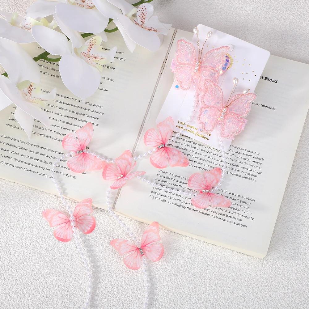 2pcs Sweet Hair Clips Mesh Colorful Butterfly for Princess Girl Pearl Long Tassel Braided Open Hairpin Headwear Hair Accessories