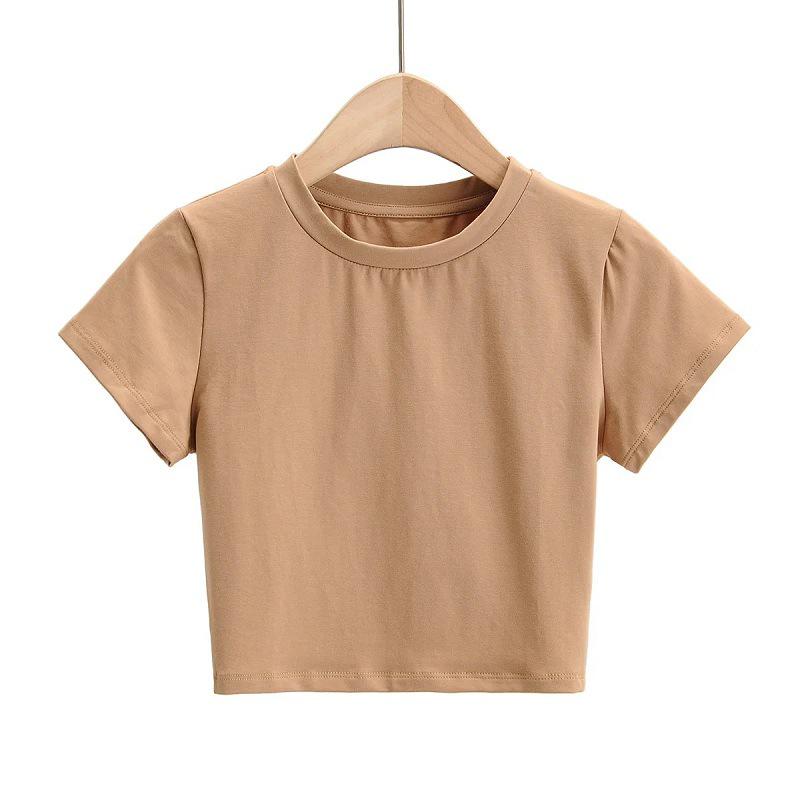 Women's European & American Style Summer Crop Top - Round Neck, Short Sleeve, Solid Color